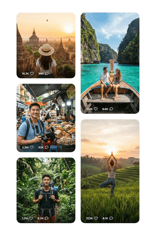 Influencer content grid showcasing diverse travel and lifestyle content